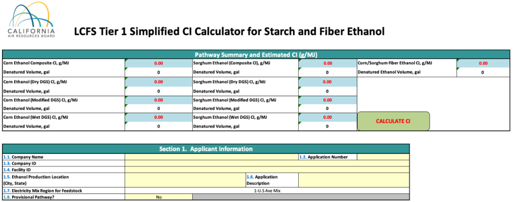 LCFS Tier 1 Simplified CI Calculator for Starch and Fiber Ethanol